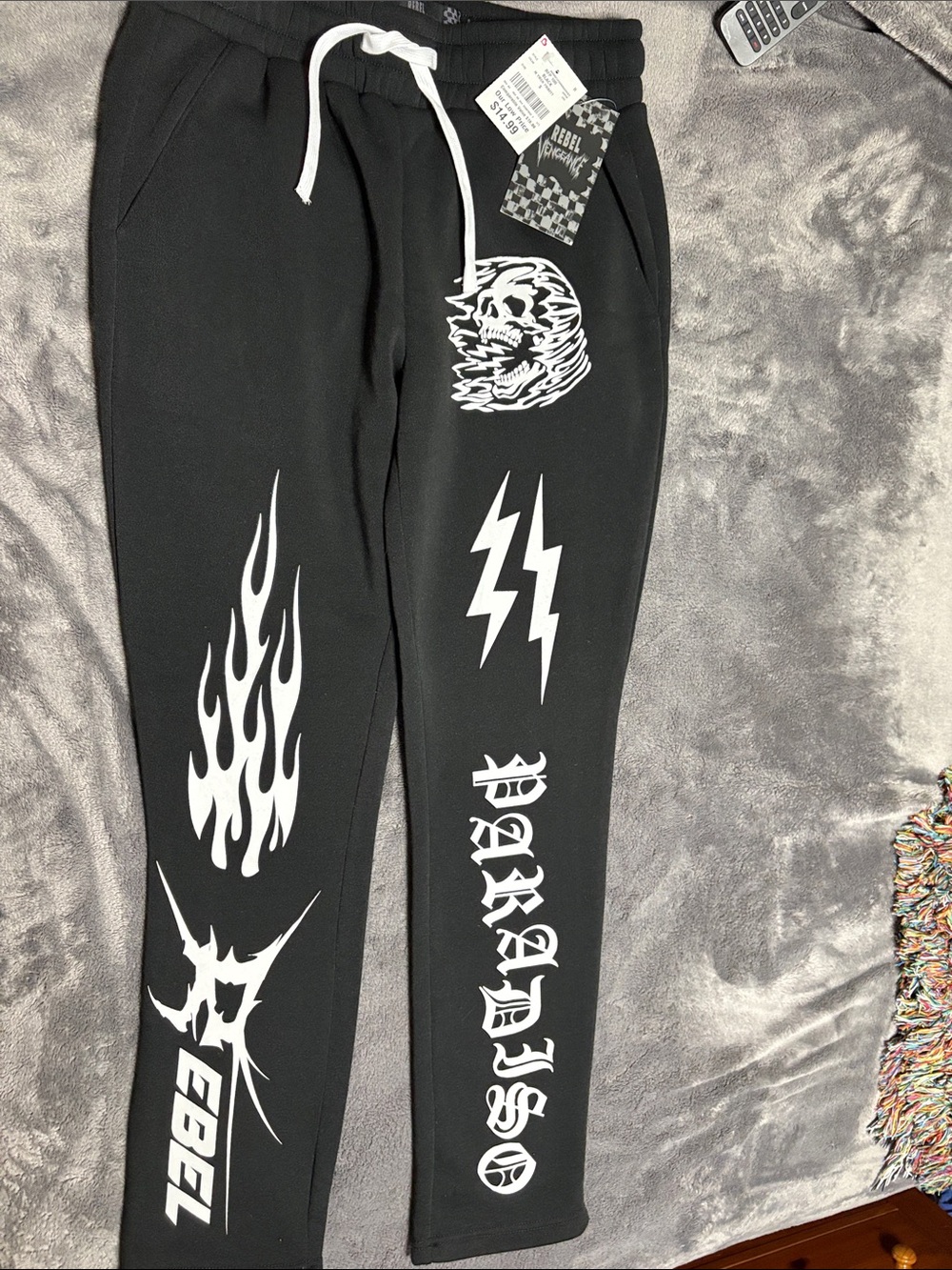 rebels Black Sweatpants with White Graphic Flames & Logos